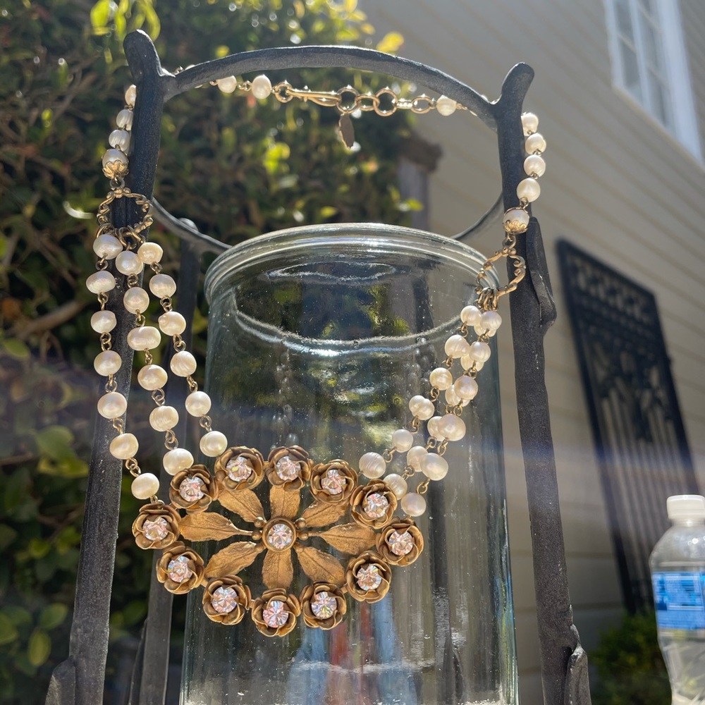 Gold, freshwater pearl Swarovski crystal necklace